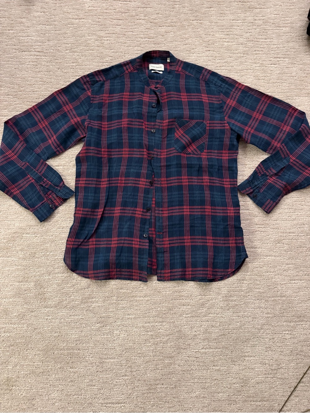 OLIVER SPENCER 100% Linen Navy and Red Plaid Button-Up Shirt 16.5